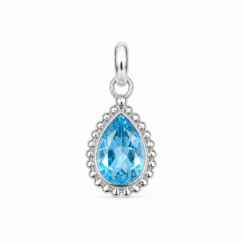 Zilveren hanger met druppelvormig in kraalrand gezette edelsteen - 925 zilver - 9 x 7 mm · Blauwe Topaas · productfoto · steen:blauwe-topaas