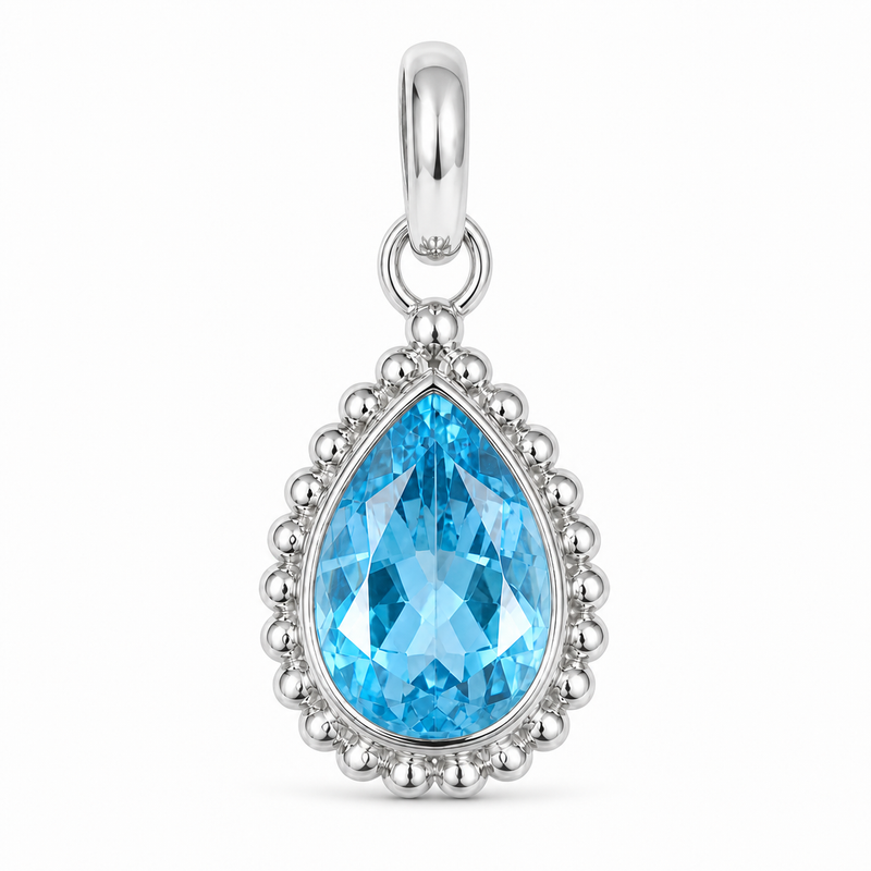 Zilveren hanger met druppelvormig in kraalrand gezette edelsteen - 925 zilver - 9 x 7 mm · Blauwe Topaas · detail · steen:blauwe-topaas