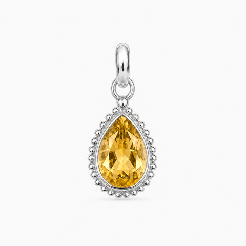 Zilveren hanger met druppelvormig in kraalrand gezette edelsteen - 925 zilver - 9 x 7 mm · Citrien