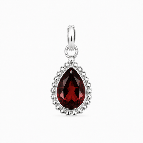 Zilveren hanger met druppelvormig in kraalrand gezette edelsteen - 925 zilver - 9 x 7 mm · Granaat
