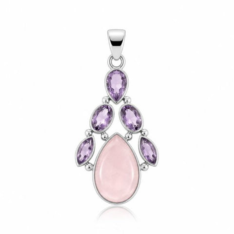 Zilveren hanger met druppelvormig in cluster gezet edelsteen - 925 zilver - 36 x 18 mm · Rozenkwarts & Amethist