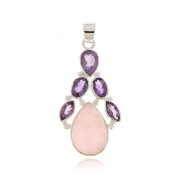 Zilveren hanger met Rozenkwarts en Amethist edelstenen
