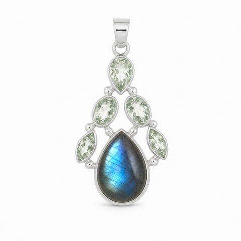 Zilveren hanger met druppelvormig in cluster gezet edelsteen - 925 zilver - 36 x 18 mm · Labradoriet & Prasioliet