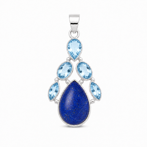 Zilveren hanger met druppelvormig in cluster gezet edelsteen - 925 zilver - 36 x 18 mm · Lapis Lazuli & Blauwe Topaas