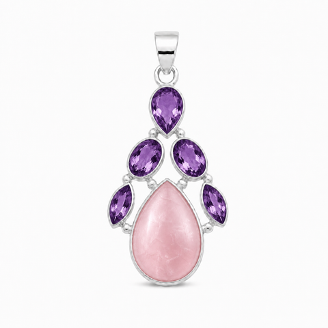 Zilveren hanger met druppelvormig in cluster gezet edelsteen - 925 zilver - 36 x 18 mm · Rozenkwarts & Amethist