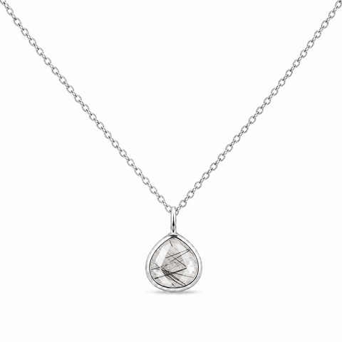 Zilveren collier met druppelvormig in kap gezette edelsteen, gefacetteerd - 925 zilver - 8 x 8 mm · Toermalijnkwarts