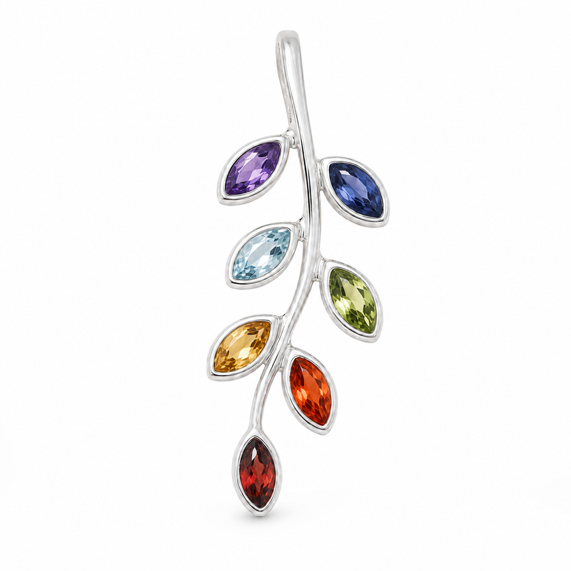 Zilveren Chakra blaadjes hanger met diverse edelsteen, gefacetteerd - 925 zilver - 29 x 12 mm · None · detail · steen:None