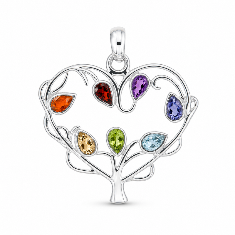Zilveren levensboom hanger met meerdere edelsteen, gefacetteerd - 925 zilver - 33 x 33 mm · None · detail · steen:None