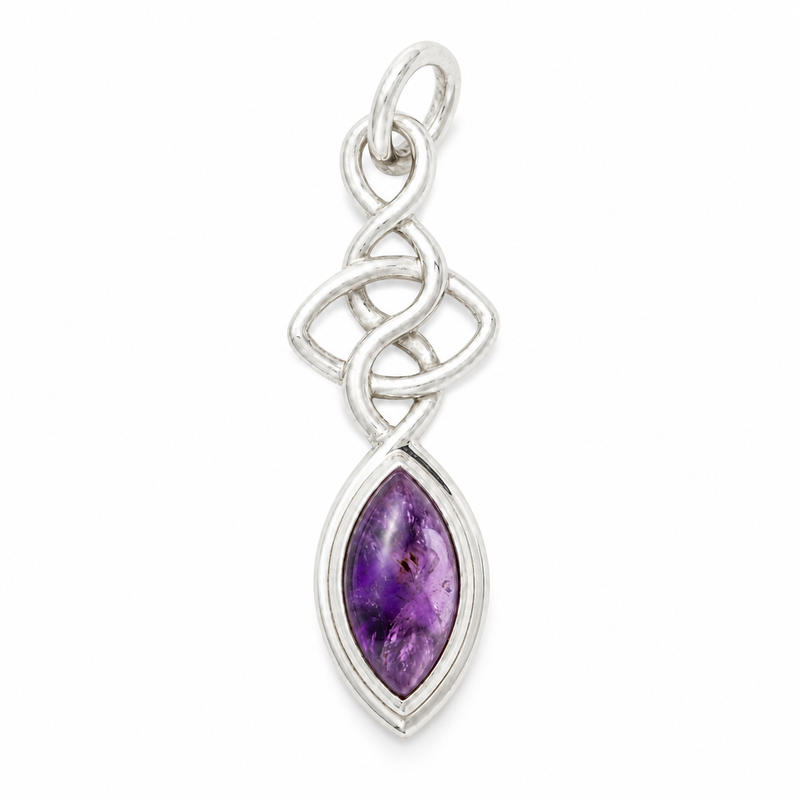 Zilveren hanger met marquise geslepen edelsteen, gefacetteerd - 925 zilver - 40 x 12 mm · Amethist · detail · steen:amethist