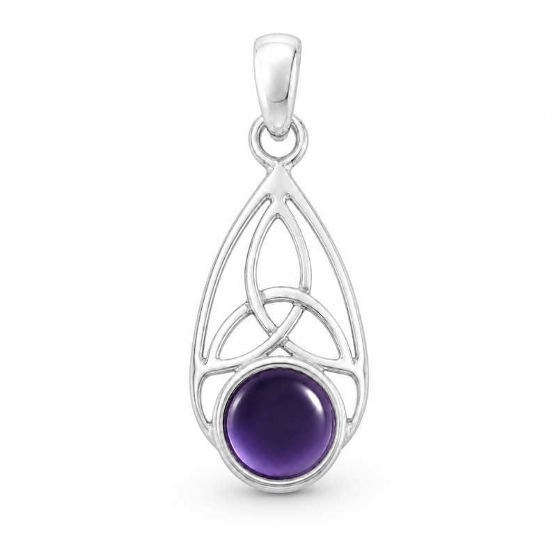Zilveren hanger met rond glad geslepen edelsteen - 925 zilver - 8 mm · Amethist · detail · steen:amethist