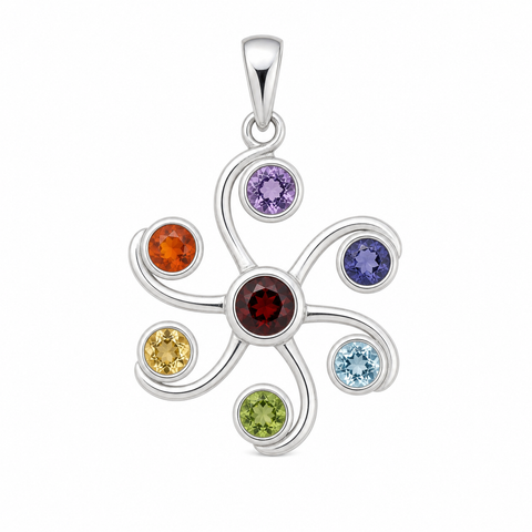 Zilverene hanger met meerdere edelsteen, gefacetteerd - 925 zilver - 35 x 23 mm