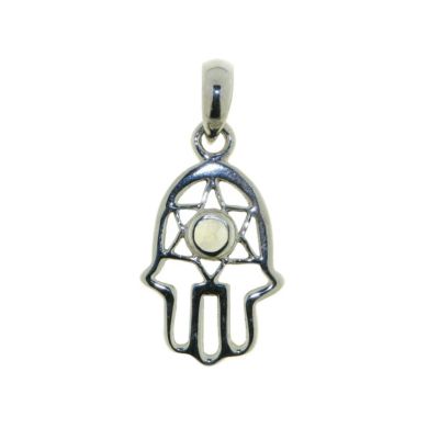 Zilveren handje van Fatima, Hamsa handje hanger met Regenboog Maansteen edelsteen