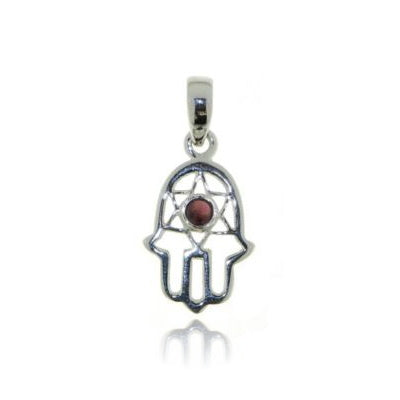 Zilveren handje van Fatima, Hamsa handje hanger met Granaat edelsteen