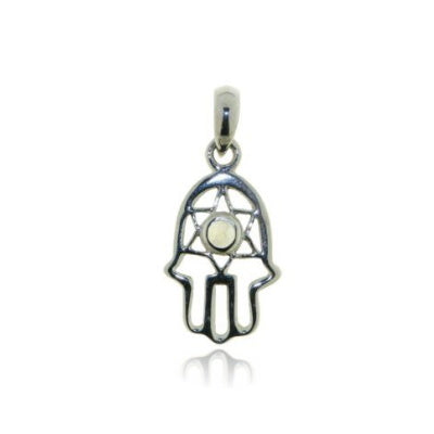 Zilveren handje van Fatima, Hamsa handje hanger met Regenboog Maansteen edelsteen