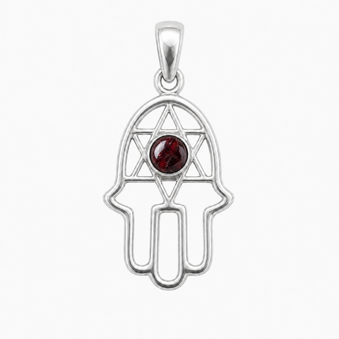 Fijn zilver hanger met handje van Fatima, Hamsa handje met ronde edelsteen - 925 zilver - 18 x 13 mm · Granaat
