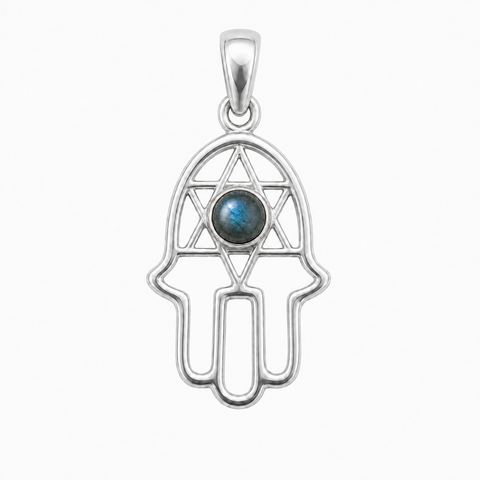 Fijn zilver hanger met handje van Fatima, Hamsa handje met ronde edelsteen - 925 zilver - 18 x 13 mm · Labradoriet