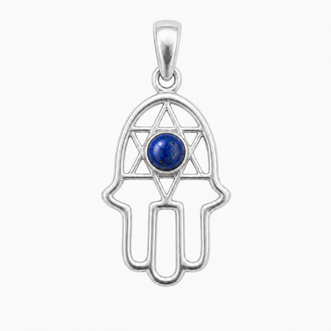 Fijn zilver hanger met handje van Fatima, Hamsa handje met ronde edelsteen - 925 zilver - 18 x 13 mm · Lapis Lazuli