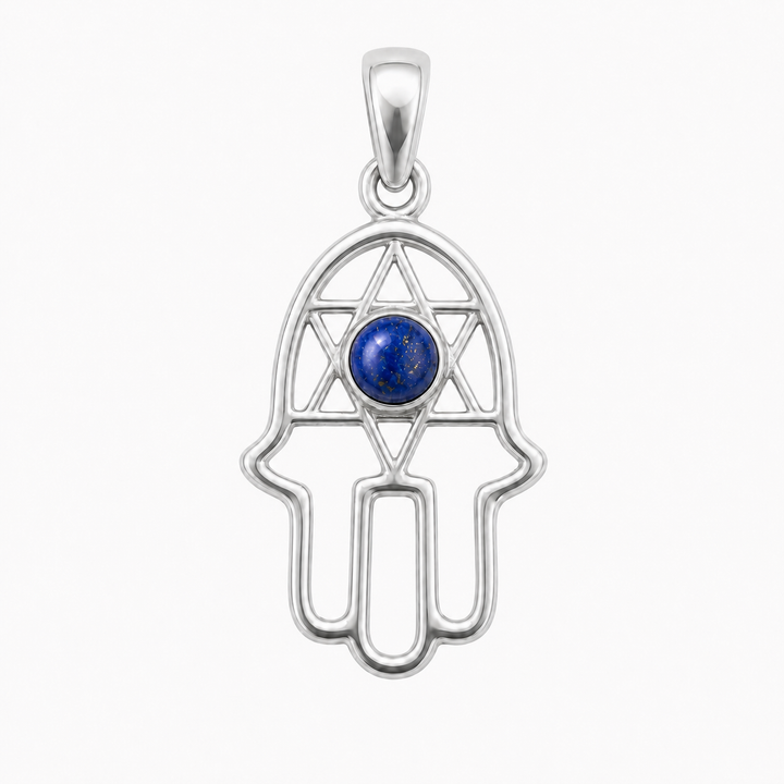 Fijn zilver hanger met handje van Fatima, Hamsa handje met ronde edelsteen - 925 zilver - 18 x 13 mm · Lapis Lazuli · productfoto · steen:lapis-lazuli