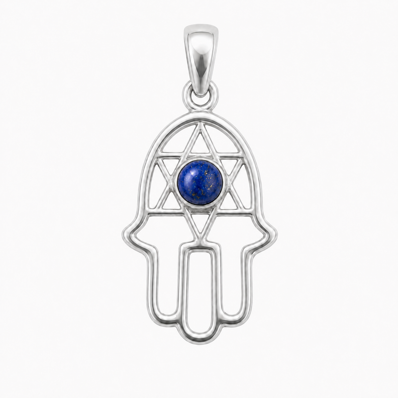 Fijn zilver hanger met handje van Fatima, Hamsa handje met ronde edelsteen - 925 zilver - 18 x 13 mm · Lapis Lazuli · productfoto · steen:lapis-lazuli