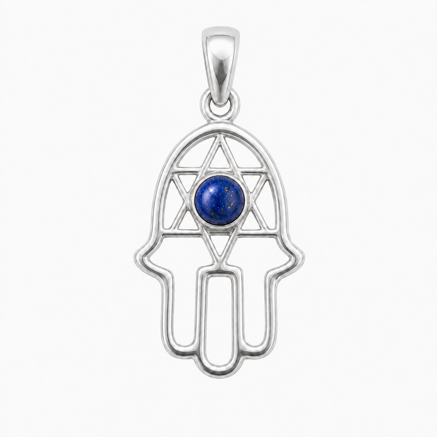 Fijn zilver hanger met handje van Fatima, Hamsa handje met ronde edelsteen - 925 zilver - 18 x 13 mm · Lapis Lazuli · productfoto · steen:lapis-lazuli