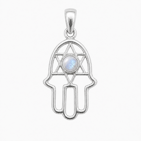 Fijn zilver hanger met handje van Fatima, Hamsa handje met ronde edelsteen - 925 zilver - 18 x 13 mm · Regenboog Maansteen