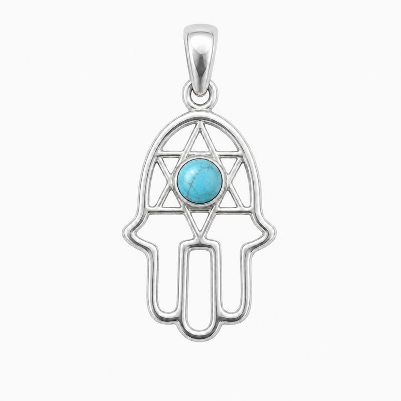 Fijn zilver hanger met handje van Fatima, Hamsa handje met ronde edelsteen · Turkoois · studiofoto · steen:turkoois