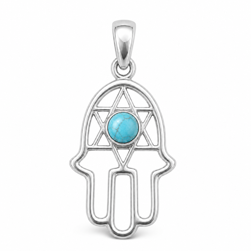 Fijn zilver hanger met handje van Fatima, Hamsa handje met ronde edelsteen · Turkoois · detail · steen:turkoois