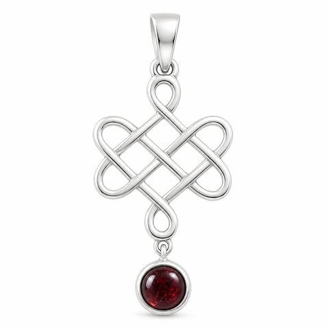 Zilveren oneindige knoop hanger met edelsteen - 925 zilver - 40 x 15 mm · Granaat