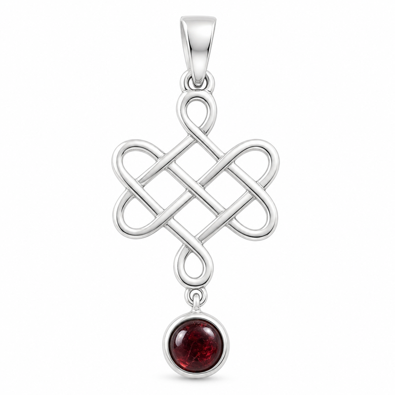 Zilveren oneindige knoop hanger met Granaat edelsteen · Amethist · studiofoto · steen:amethist