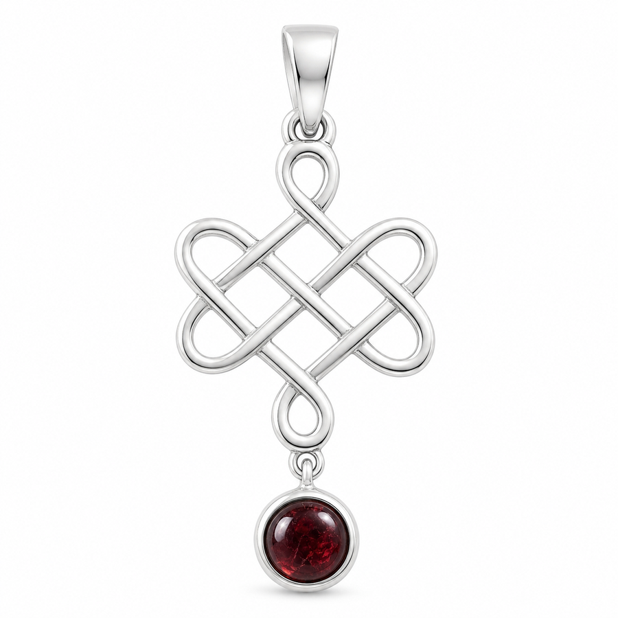 Zilveren oneindige knoop hanger met Granaat edelsteen · Amethist · studiofoto · steen:amethist
