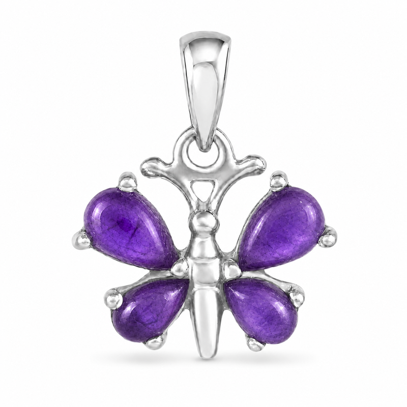Zilveren vlinder hanger met druppelvormige edelsteen - 925 zilver - 21 x 16 mm · Amethist · detail · steen:amethist