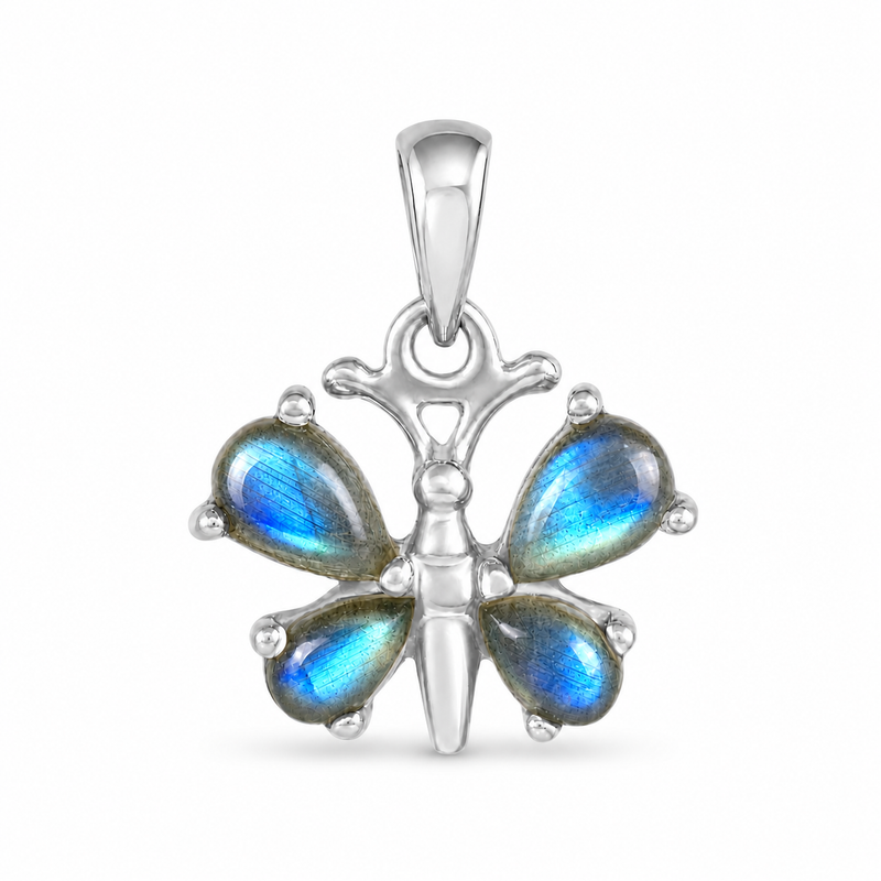 Zilveren vlinder hanger met druppelvormige edelsteen - 925 zilver - 21 x 16 mm · Labradoriet · detail · steen:labradoriet