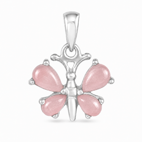 Zilveren vlinder hanger met druppelvormige edelsteen - 925 zilver - 21 x 16 mm · Rozenkwarts