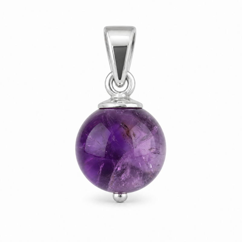 Zilveren hanger met bolvormige in kap gezette edelsteen - 925 zilver - 7 mm · Amethist · productfoto · steen:amethist