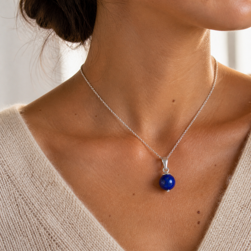 Zilveren hanger met bolvormige in kap gezette edelsteen - 925 zilver - 7 mm · Lapis Lazuli · gedragen · steen:lapis-lazuli