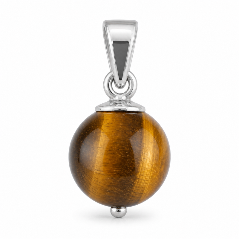 Zilveren hanger met bolvormige in kap gezette edelsteen - 925 zilver - 7 mm · Tijgeroog · detail · steen:tijgeroog
