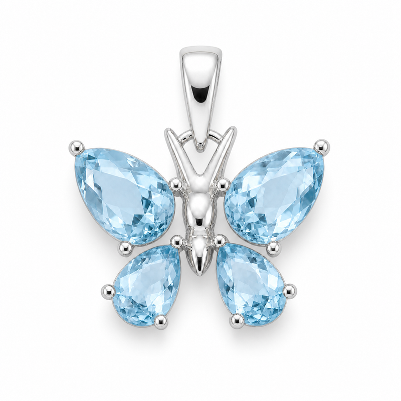 Zilveren vlinder hanger met facet geslepen edelsteen - 925 zilver - 18 x 14 mm · Blauwe Topaas · detail · steen:blauwe-topaas