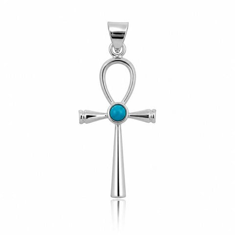 Zilveren Ankh hanger met ronde edelsteen - 925 zilver - 33 x 19 mm · Turkoois