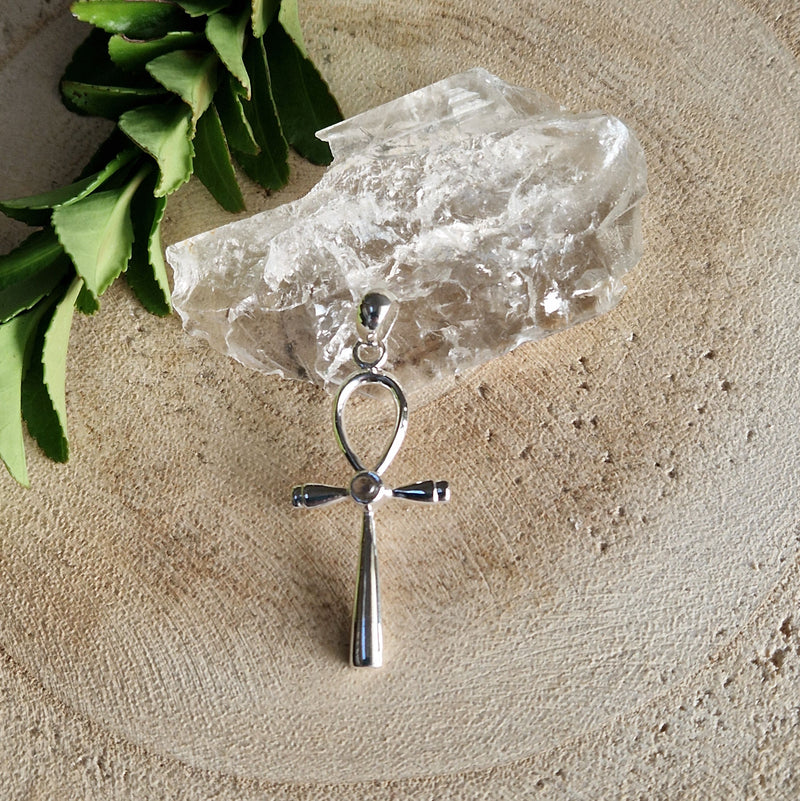 Zilveren Ankh hanger met ronde edelsteen - 925 zilver - 33 x 19 mm