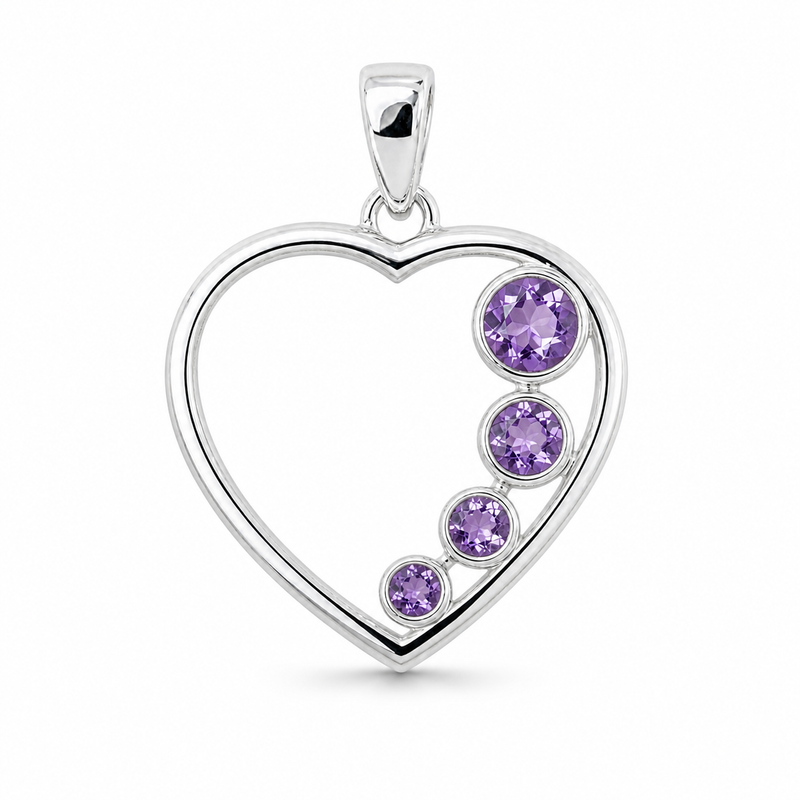Zilveren hart hanger met rond gefacetteerde edelsteen - 925 zilver - 23 x 21 mm · Amethist · detail · steen:amethist
