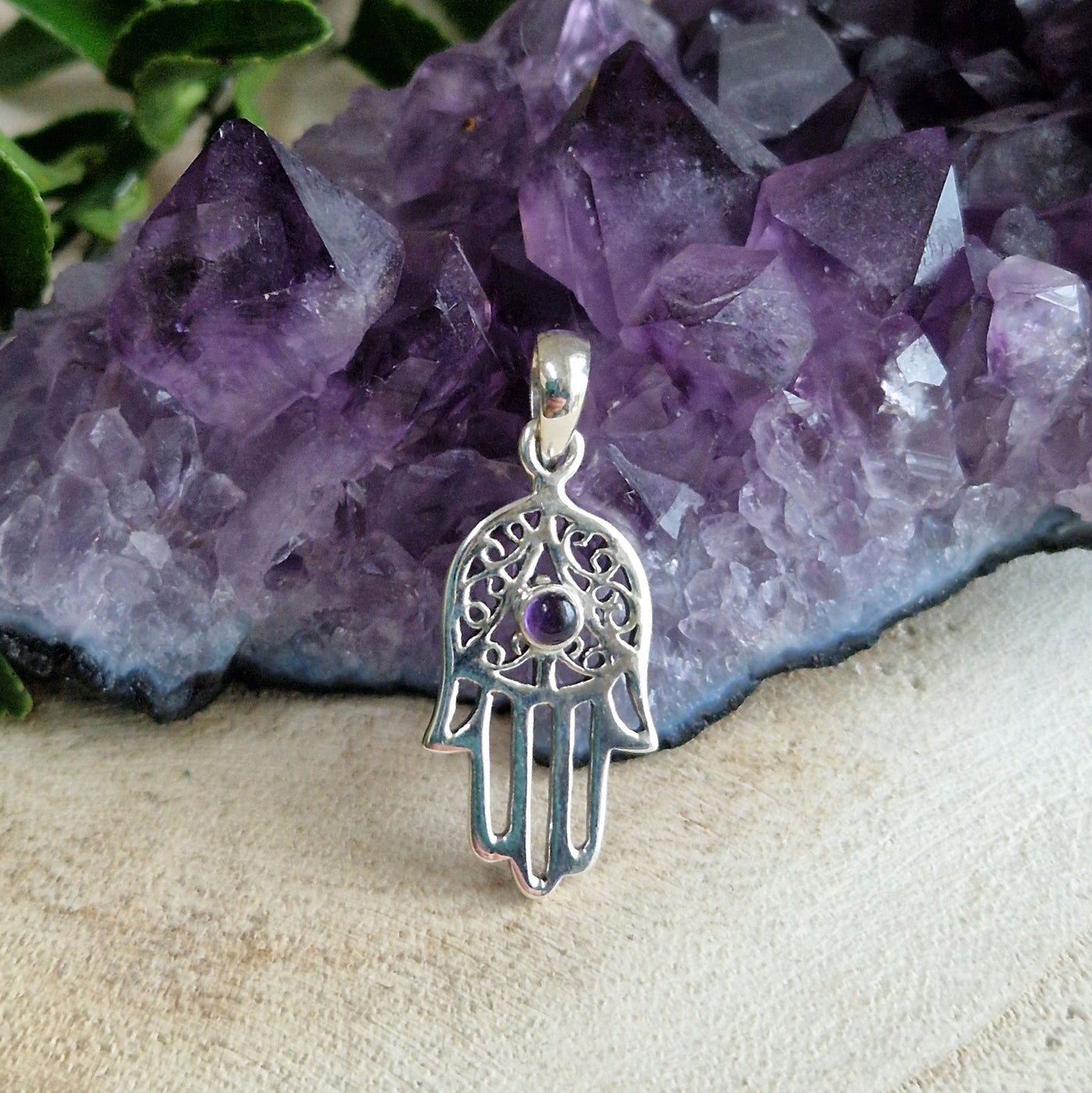 Zilveren handje van Fatima, Hamsa handje hanger met Amethist edelsteen