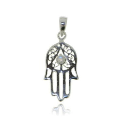 Zilveren handje van Fatima, Hamsa handje hanger met Regenboog Maansteen edelsteen