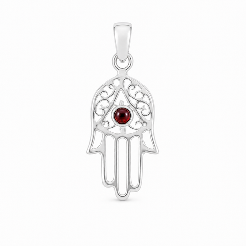 Decoratief zilveren handje van Fatima, Hamsa handje hanger met ronde edelsteen - 925 zilver - 27 x 12 mm · Granaat