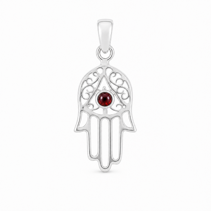 Decoratief zilveren handje van Fatima, Hamsa handje hanger met ronde edelsteen - 925 zilver - 4 mm