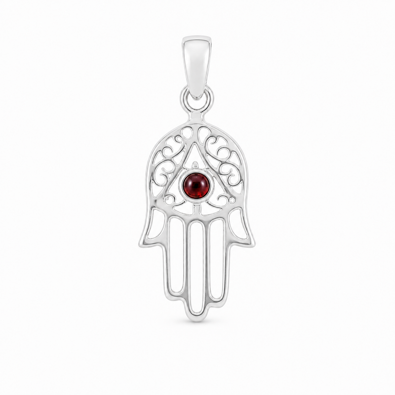 Decoratief zilveren handje van Fatima, Hamsa handje hanger met ronde edelsteen - 925 zilver - 27 x 12 mm