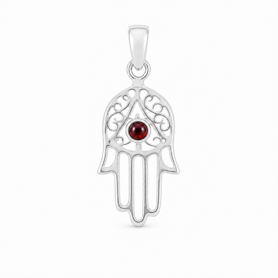 Decoratief zilveren handje van Fatima, Hamsa handje hanger met ronde edelsteen - 925 zilver - 27 x 12 mm