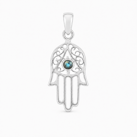 Decoratief zilveren handje van Fatima, Hamsa handje hanger met ronde edelsteen - 925 zilver - 27 x 12 mm · Labradoriet
