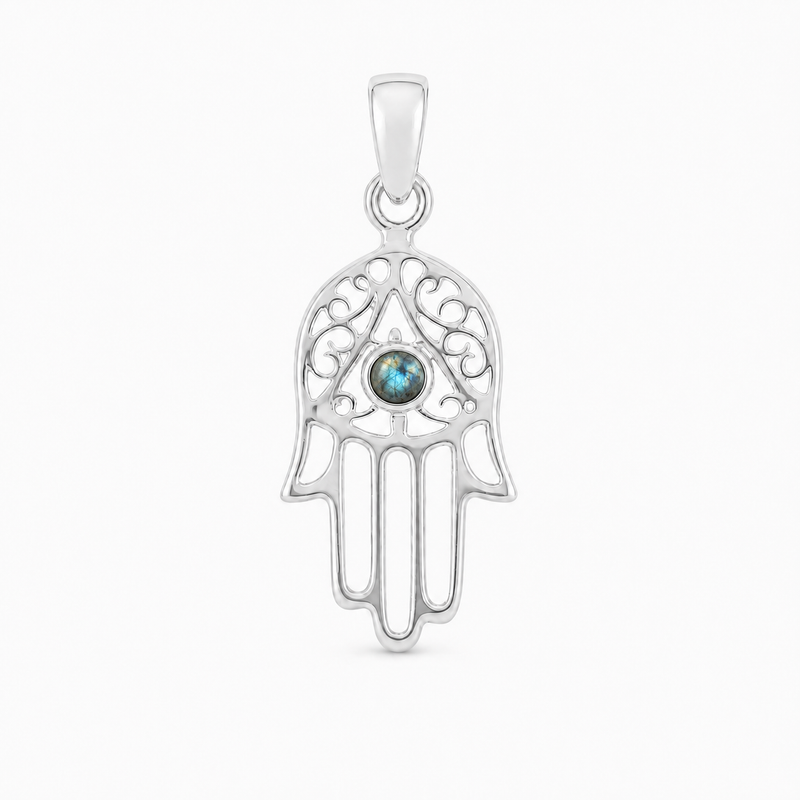 Decoratief zilveren handje van Fatima, Hamsa handje hanger met ronde edelsteen - 925 zilver - 27 x 12 mm