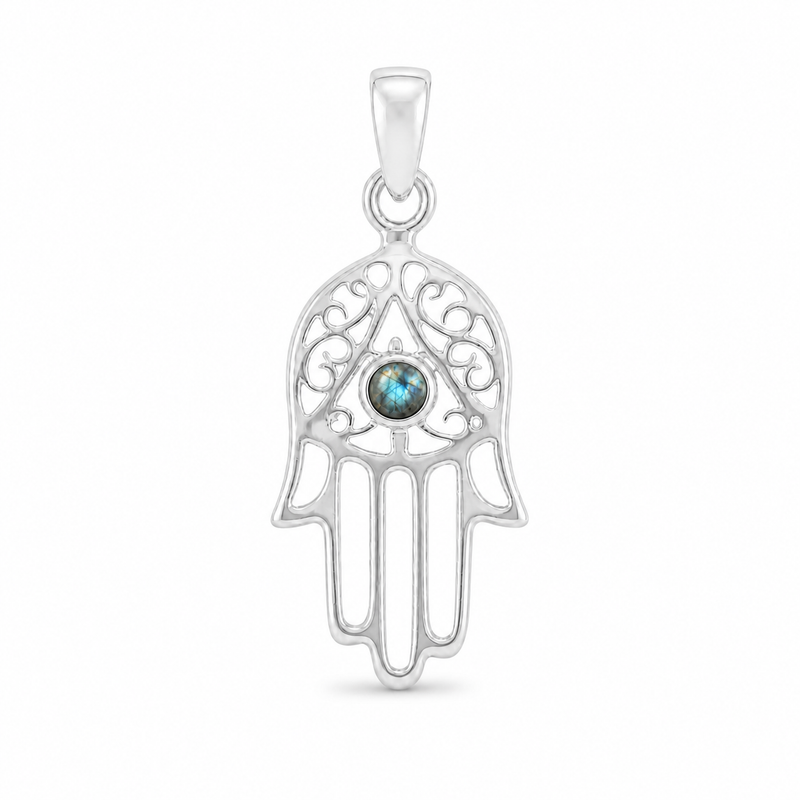 Decoratief zilveren handje van Fatima, Hamsa handje hanger met ronde edelsteen - 925 zilver - 27 x 12 mm