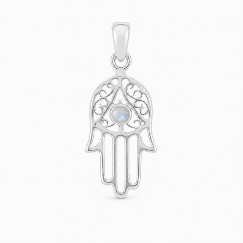 Decoratief zilveren handje van Fatima, Hamsa handje hanger met ronde edelsteen - 925 zilver - 27 x 12 mm · Regenboog Maansteen